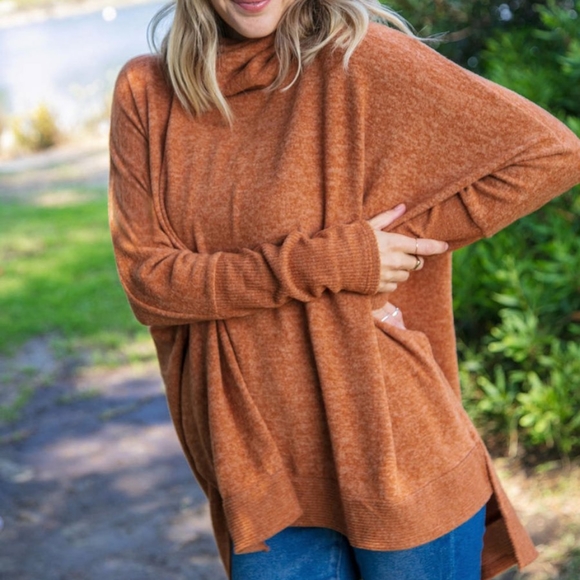 CAMEL BRUSHED MELANGE COWL NECK PONCHO SWEATER - Picture 3 of 8